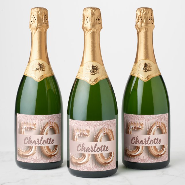 50th birthday rose gold glitter monogram luxury sparkling wine label (Bottles)