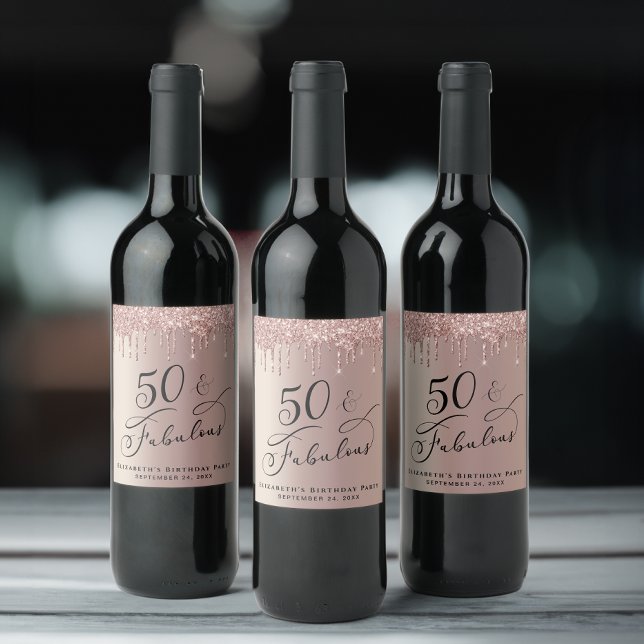 50th Birthday Rose Gold Glitter Personalised Wine Label (Creator Uploaded)
