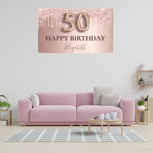 50th birthday rose gold glitter pink balloon style banner (Creator Uploaded)