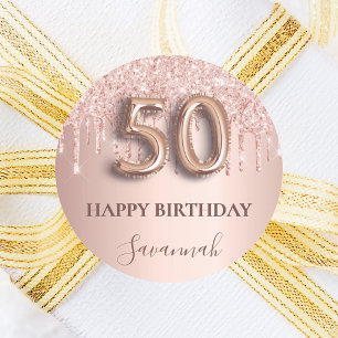 50th birthday rose gold glitter pink balloon style classic round sticker