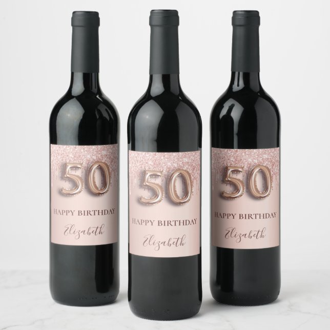 50th birthday rose gold glitter pink balloon style wine label (Bottles)