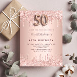 50th Birthday rose gold glitter pink luxury Invitation Postcard<br><div class="desc">A modern, stylish and glamourous invitation for a 50th birthday party. A faux rose gold metallic looking background with an elegant faux rose gold glitter drip, paint drip look. The name is written with a modern dark rose gold coloured hand lettered style script. Personalise and add your party details. Number...</div>