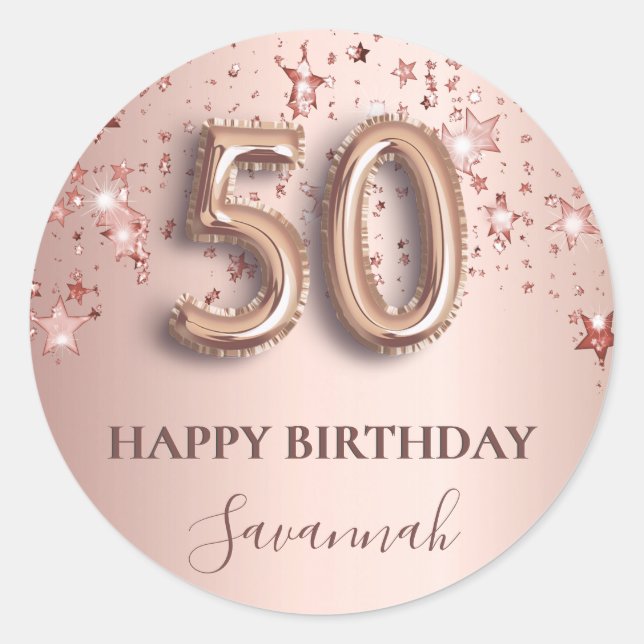 50th birthday rose gold pink stars balloon font classic round sticker (Front)