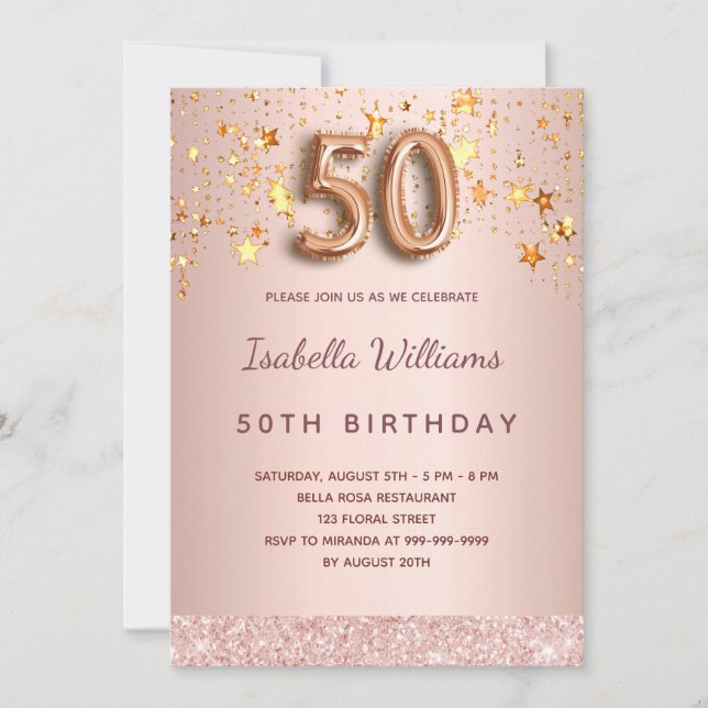 50th birthday rose gold pink stars balloon script invitation (Front)