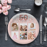 50th birthday rose gold silver photo paper plate<br><div class="desc">For a 50th birthday party, celebrating her life with a collage of 6 of your own photos. Personalise and add a name, age 50 and a date. Date of birth or the date of the party. Dark rose gold and black coloured letters. A trendy rose gold coloured background decorated with...</div>