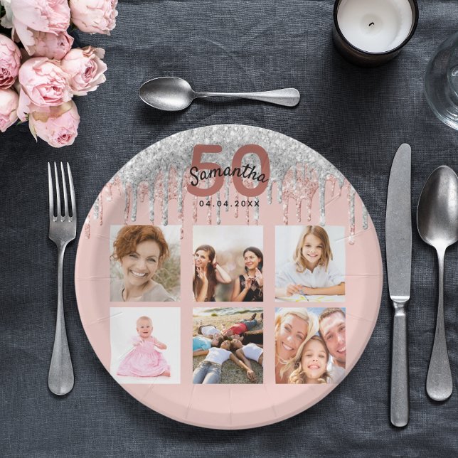 50th birthday rose gold silver photo paper plate (Creator Uploaded)