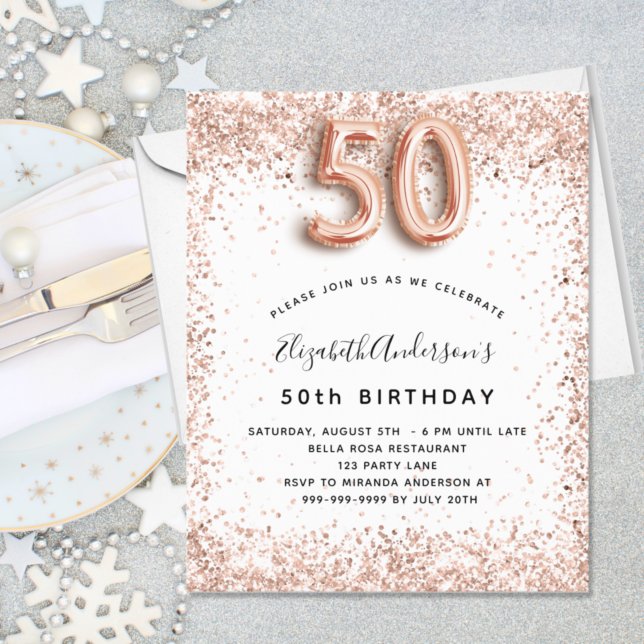 50th birthday rose gold white budget invitation flyer (Creator Uploaded)