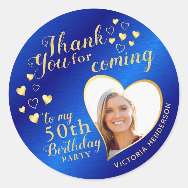 50th Birthday Royal Blue and Gold Thank You Classic Round Sticker (Front)