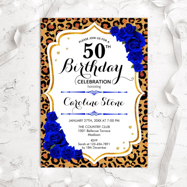 50th Birthday - Royal Blue Gold Leopard Print Invitation (Creator Uploaded)