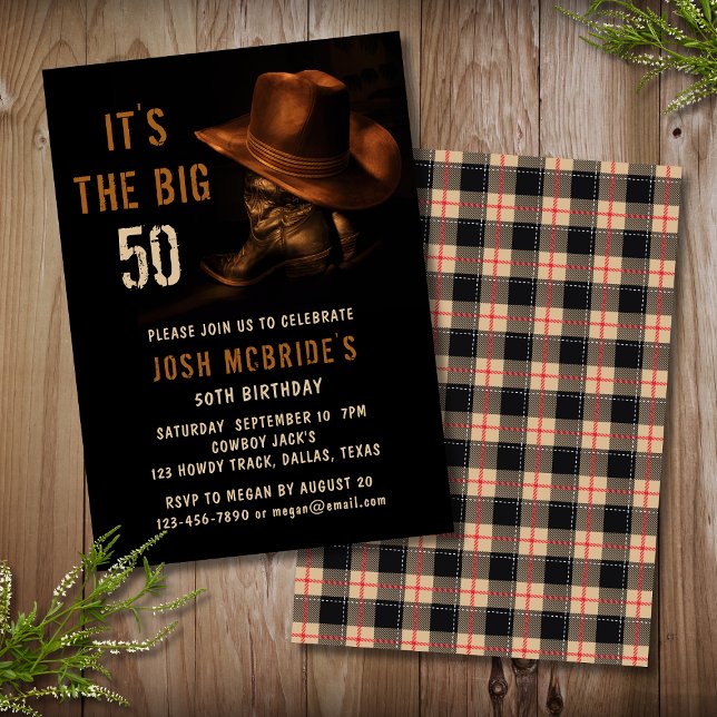 50th Birthday Rustic Cowboy Hat and Leather Boots Invitation (Creator Uploaded)
