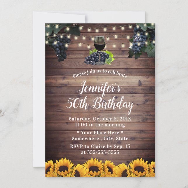 50th Birthday Rustic Sunflowers Vineyard Wine Invitation (Front)
