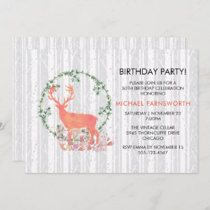 50th Birthday Rustic Watercolor Reindeer Boho Invitation