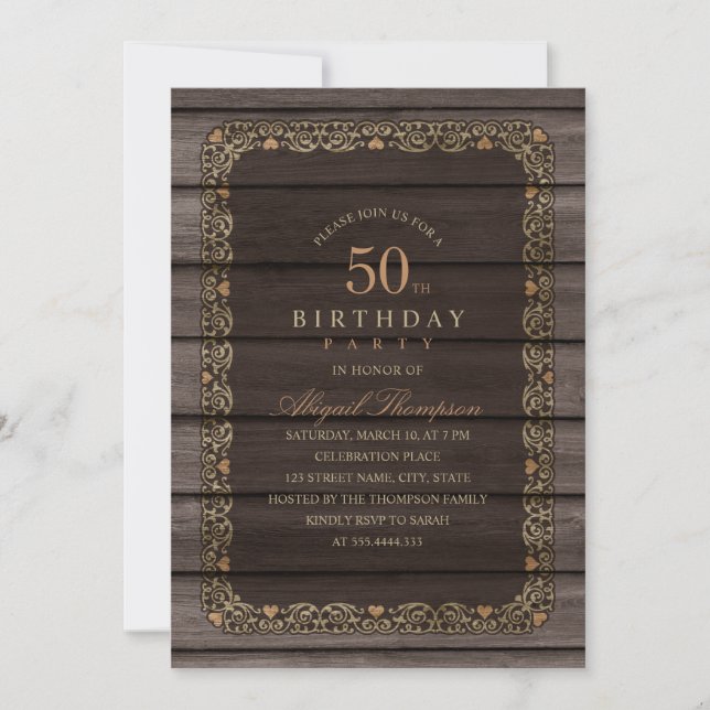 50th Birthday Rustic Wood Fancy Country Party Invitation (Front)