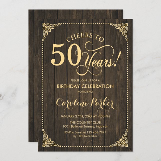 50th Birthday - Rustic Wood Gold Invitation (Front/Back)