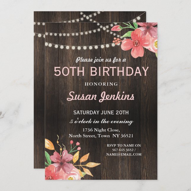 50th Birthday Rustic Wood Pink Flower Invitation (Front/Back)