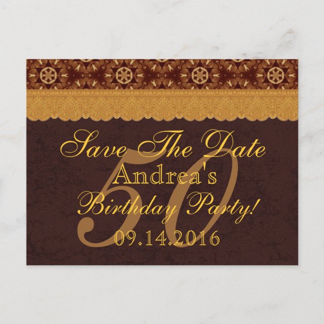 50th Birthday Save the Date Chocolate Gold Lace 01 Announcement Postcard (Front)