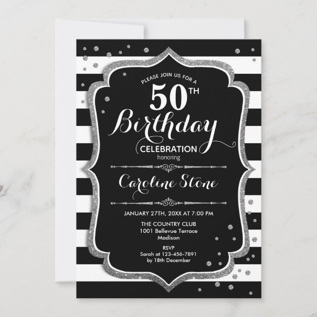 50th Birthday - Silver Black White Stripes Invitation (Front)
