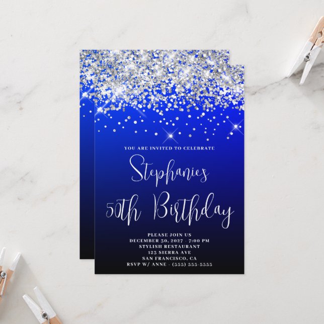 50th Birthday Silver Glitter Blue Navy Black Invitation (Front/Back In Situ)
