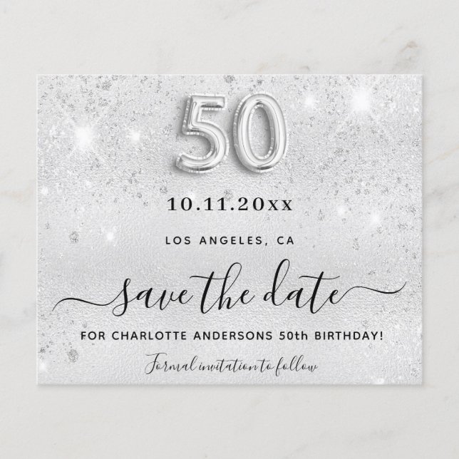 50th birthday silver glitter budget save the date flyer (Front)