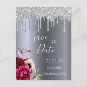 50th birthday silver glitter drips Save the Date Postcard
