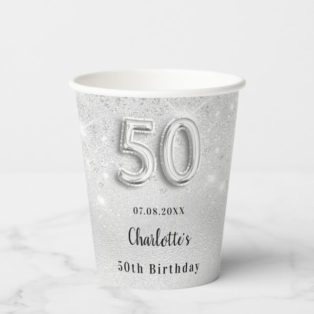50th birthday silver glitter dust monogram paper cups (Back)