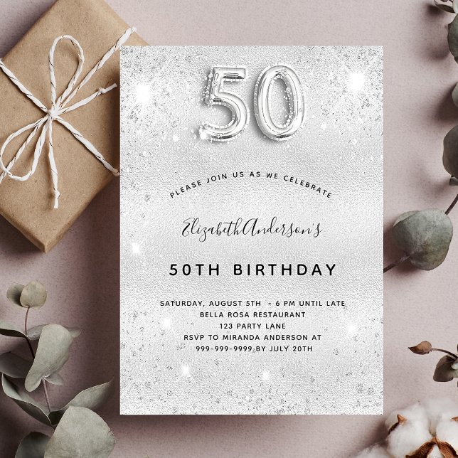 50th birthday silver glitter glamourous invitation (Creator Uploaded)