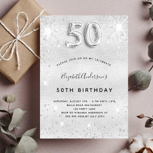 50th birthday silver glitter invitation