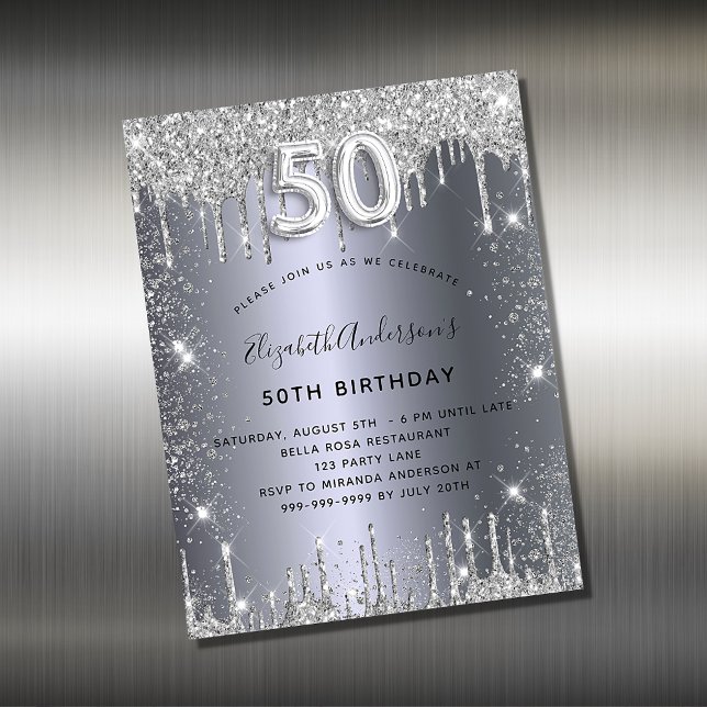 50th birthday silver glitter invitation magnet (Creator Uploaded)