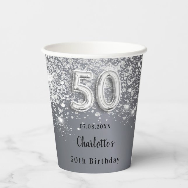 50th birthday silver glitter name paper cups (Back)