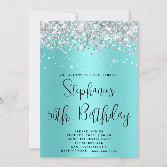 50th Birthday Silver Glitter Pale Aqua Teal Invitation (Front)