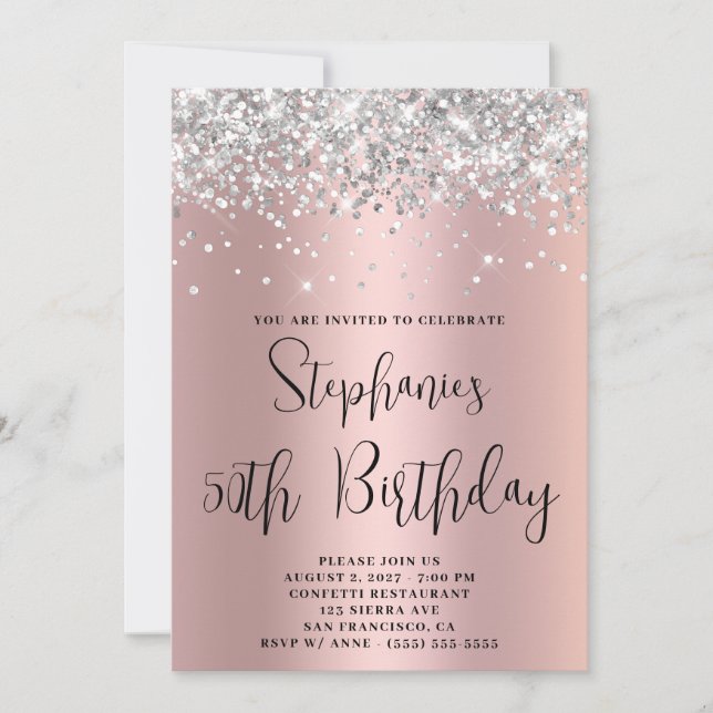 50th Birthday Silver Glitter Pink Rose Gold Invitation (Front)