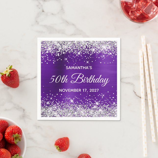 50th Birthday Silver Glitter Purple Foil Napkin (Insitu)