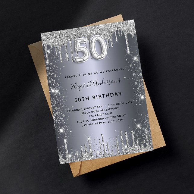 50th birthday silver metal glitter dust glam invitation (Creator Uploaded)
