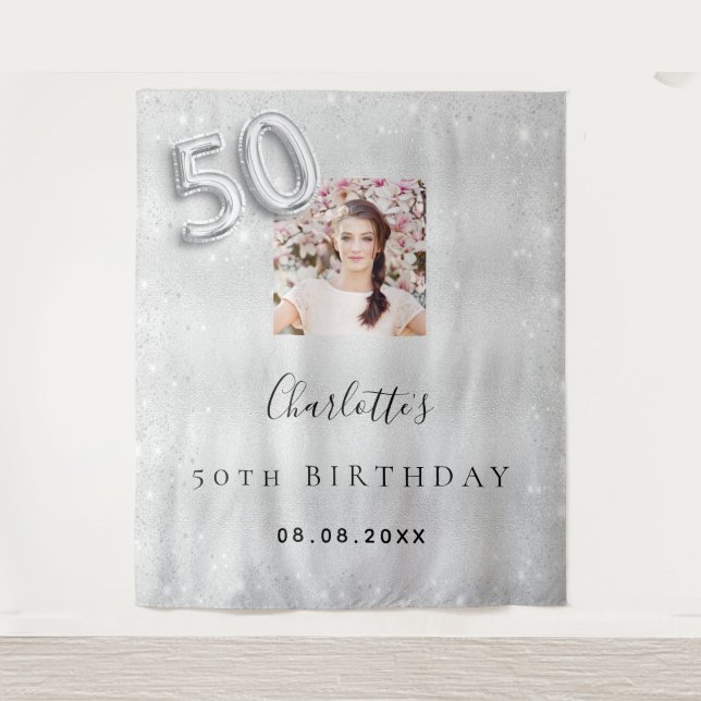 50th birthday silver photo glitter dust welcome tapestry (Front)