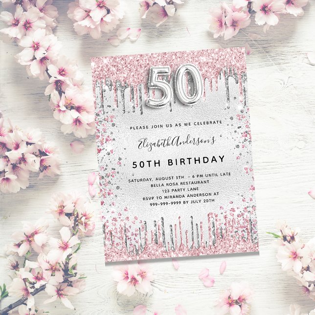 50th birthday silver pink glitter drips invitation (Creator Uploaded)