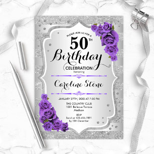 50th Birthday - Silver Stripes Purple Roses Invitation