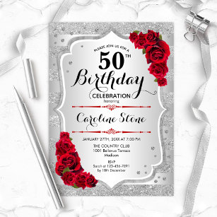 50th Birthday - Silver Stripes Red Roses Invitation