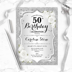 50th Birthday - Silver Stripes White Roses Invitation