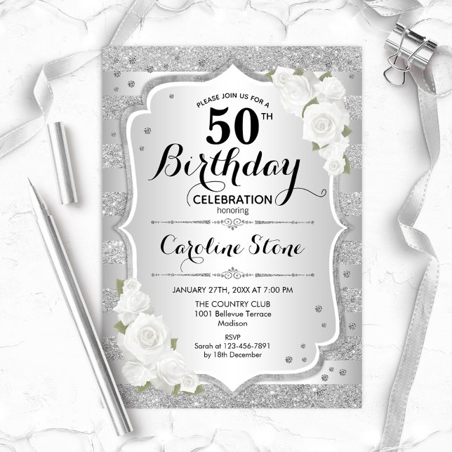 50th Birthday - Silver Stripes White Roses Invitation (Creator Uploaded)