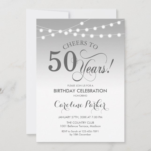 50th Birthday - Silver White Invitation (Front)