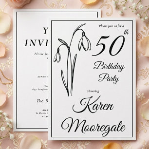 50th Birthday Snowdrop Floral Black And White Invitation