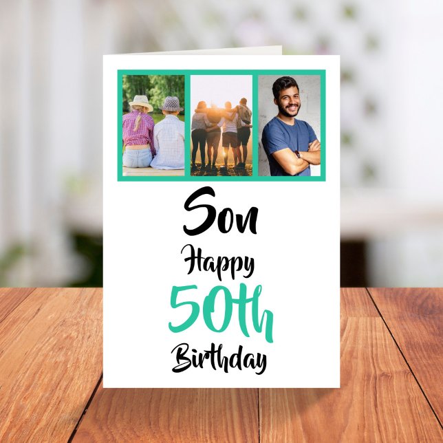 50th Birthday Son Green Modern Photo Collage Card (Creator Uploaded)