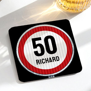 50th Birthday Speed Limit Sign - ANY AGE & NAME Square Paper Coaster