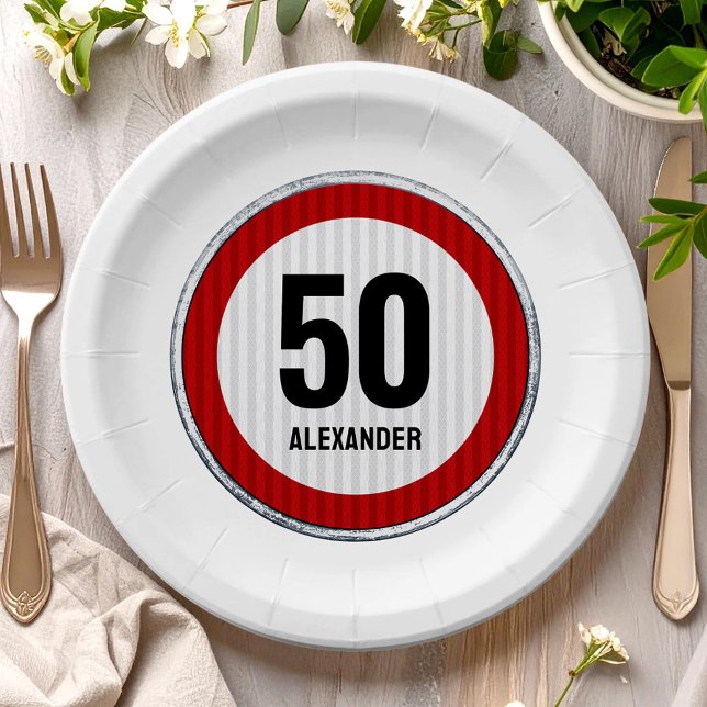 50th Birthday Speed Limit Sign  CUSTOM AGE & NAME Paper Plate (Creator Uploaded)