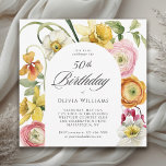 50th Birthday Spring Garden Watercolor Floral  Invitation<br><div class="desc">A beautiful way to celebrate this special milestone 50th birthday with a stylish sunny floral invitation, a favorite choice for celebrations in spring and into the summer months. Mixed colors of daffodils, ranunculus, and other watercolor floral elements blend beautifully in this garden themed elegant design. Personalize the text template with...</div>