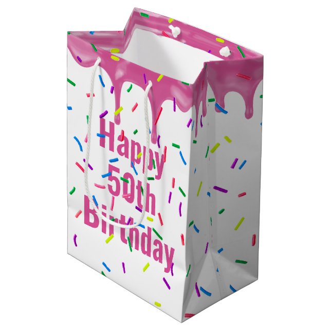 50th Birthday Sprinkles On Pink Icing  Medium Gift Bag (Front Angled)