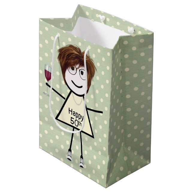 50th Birthday Stick Girl On Polka Dots Medium Gift Bag (Front Angled)