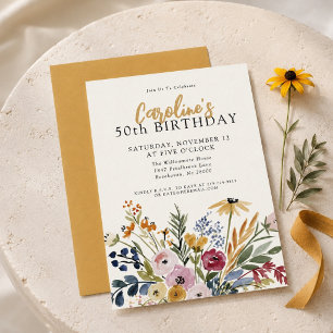 50th Birthday Stylish Fall Watercolor Floral Invitation