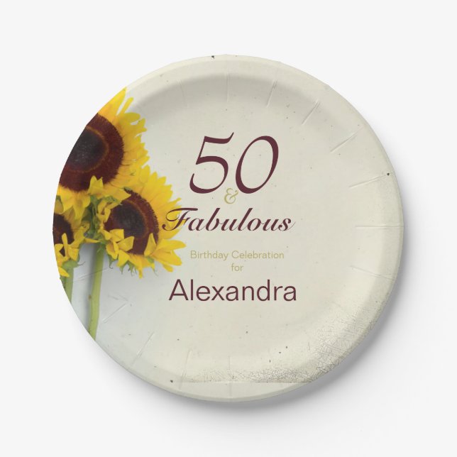 50th Birthday Sunflower Rustic party Paper Plate (Front)