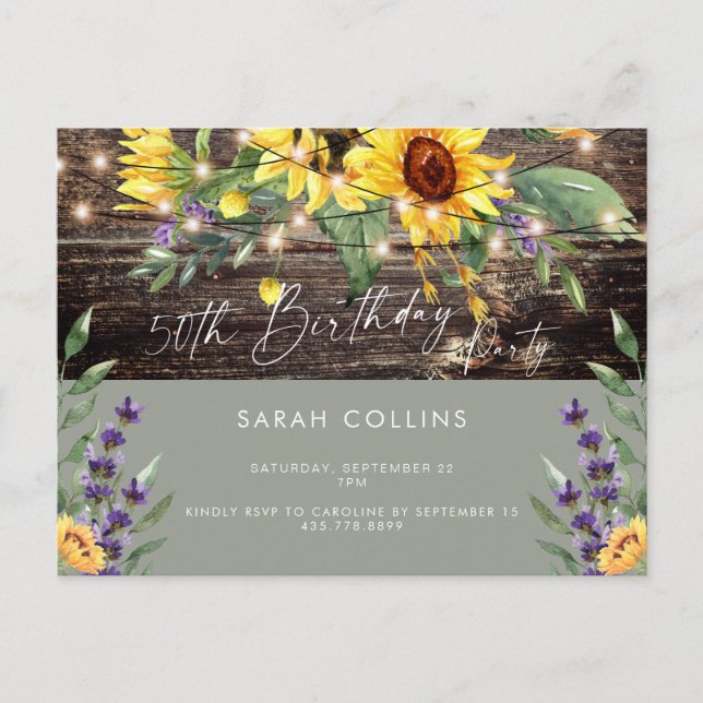 50th Birthday Sunflower Sage Rustic Birthday Invitation Postcard (Front)
